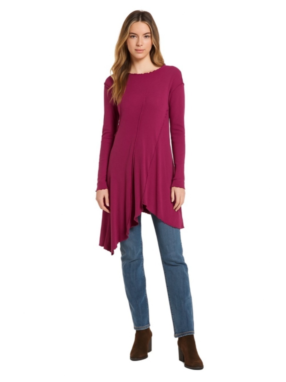 We The Free People Raspberry Pink Asymmetrical Exposed Seam Lettuce Hem Tunic L